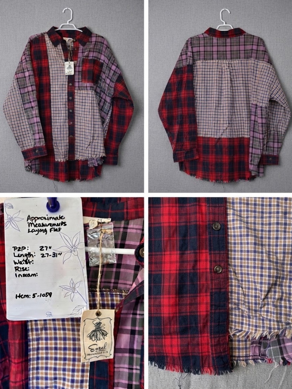 NWT Easel Patchwork Red Purple Plaid Button Down Shirt 1x